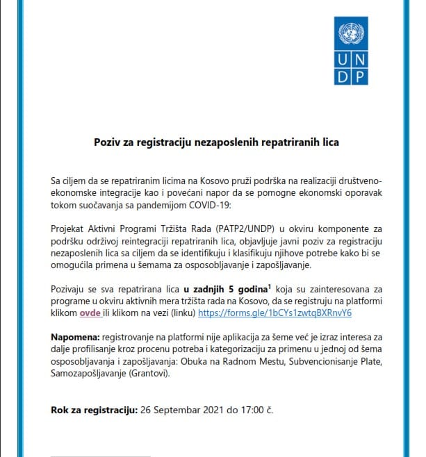 Javni poziv za registraciju repatriranih lica koji treba da se registruju preko ON-LINE platforme, upucene od strane UNDP.