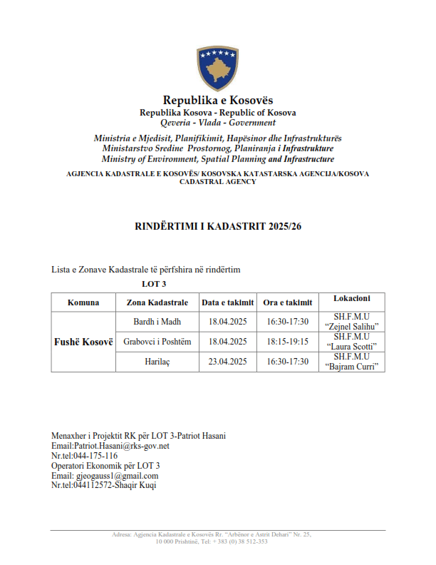 Njoftimin lidhur me projektin e Rindërtimit të Kadastrit, i cili do të realizohet në disa zona kadastrale të komunës së Fushë-Kosovës