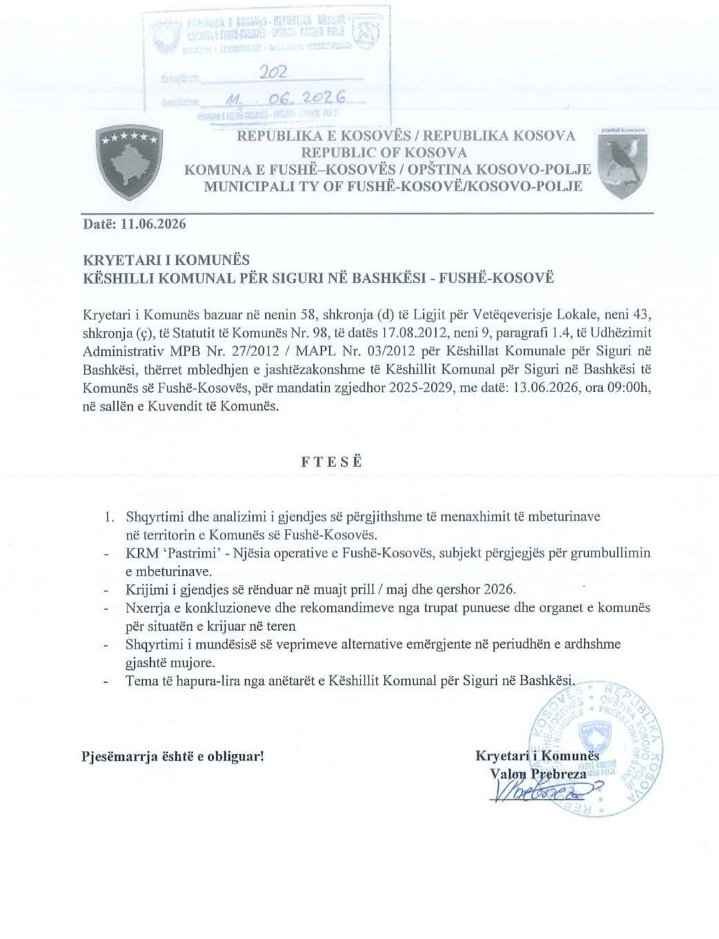 Ftesë për Mbledhje të Jashtëzakonshme